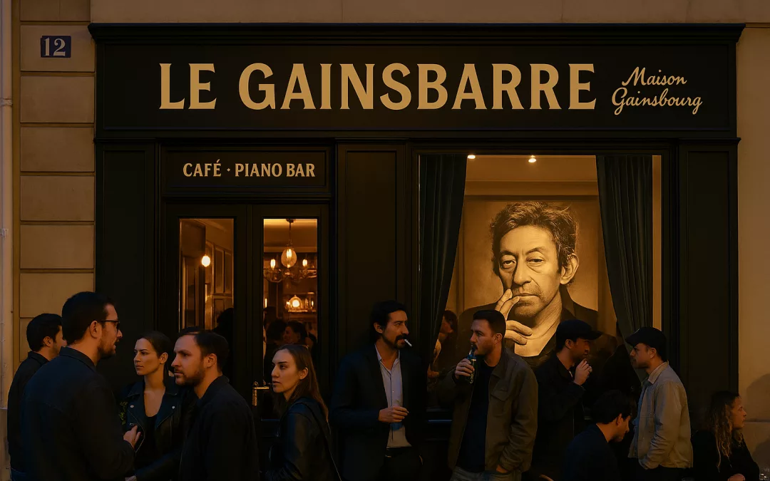 Façade nocturne du Gainsbarre à Paris, bar-musée de la Maison Gainsbourg, où des visiteurs discutent sous le regard iconique de Serge Gainsbourg éclairé à travers la vitrine.