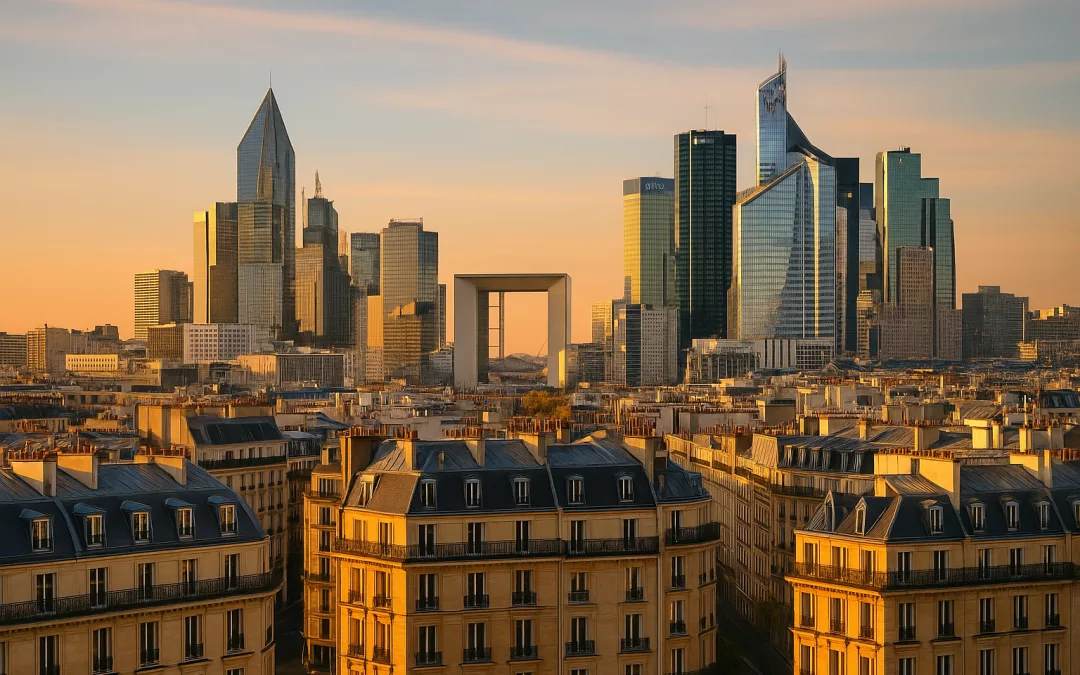Vue aérienne de Paris au crépuscule avec la Défense à l’horizon, symbolisant la vitalité économique et le dynamisme des affaires parisiennes.