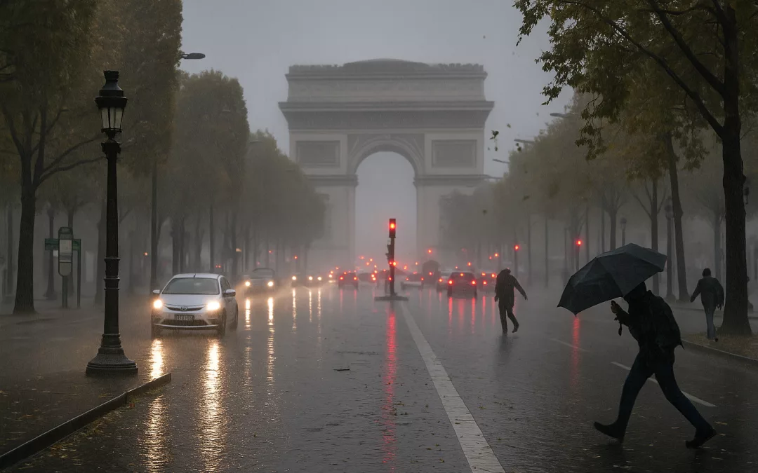Rue parisienne sous la tempête du 23 octobre 2025, avec vent violent, pluie battante et arbres agités sur les Champs-Élysées, sans visage ni texte.