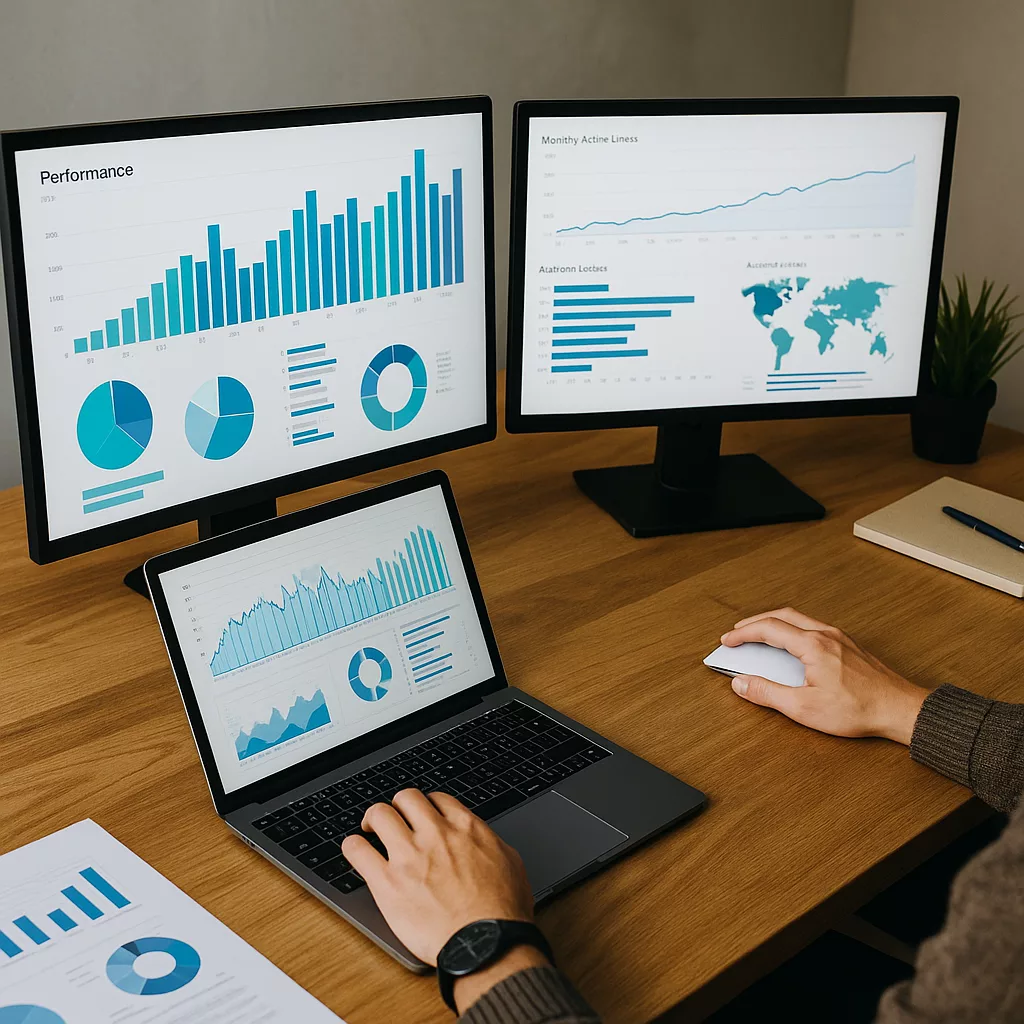 Analyste marketing à Paris travaillant sur un bureau avec un ordinateur portable et deux écrans affichant des tableaux de bord de données : graphiques de performance, statistiques d’audience et cartes mondiales. L’image illustre l’analyse de données marketing dans un environnement professionnel moderne.