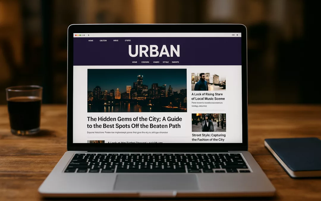 photographie réaliste d’un ordinateur portable affichant un webzine urbain sur une table en bois dans un café parisien moderne, ambiance matinale.