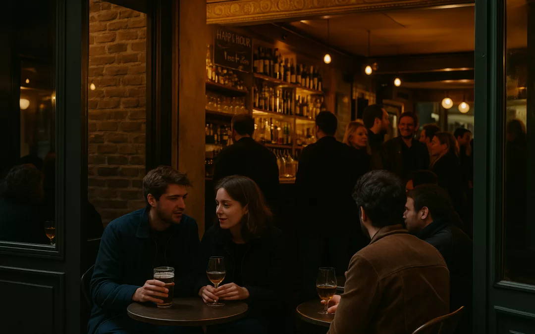 Terrasse d’un bar parisien animé dans le 15ᵉ arrondissement, avec des groupes d’amis discutant autour de verres de bière et de vin, ambiance chaleureuse du soir et intérieur lumineux en arrière-plan.