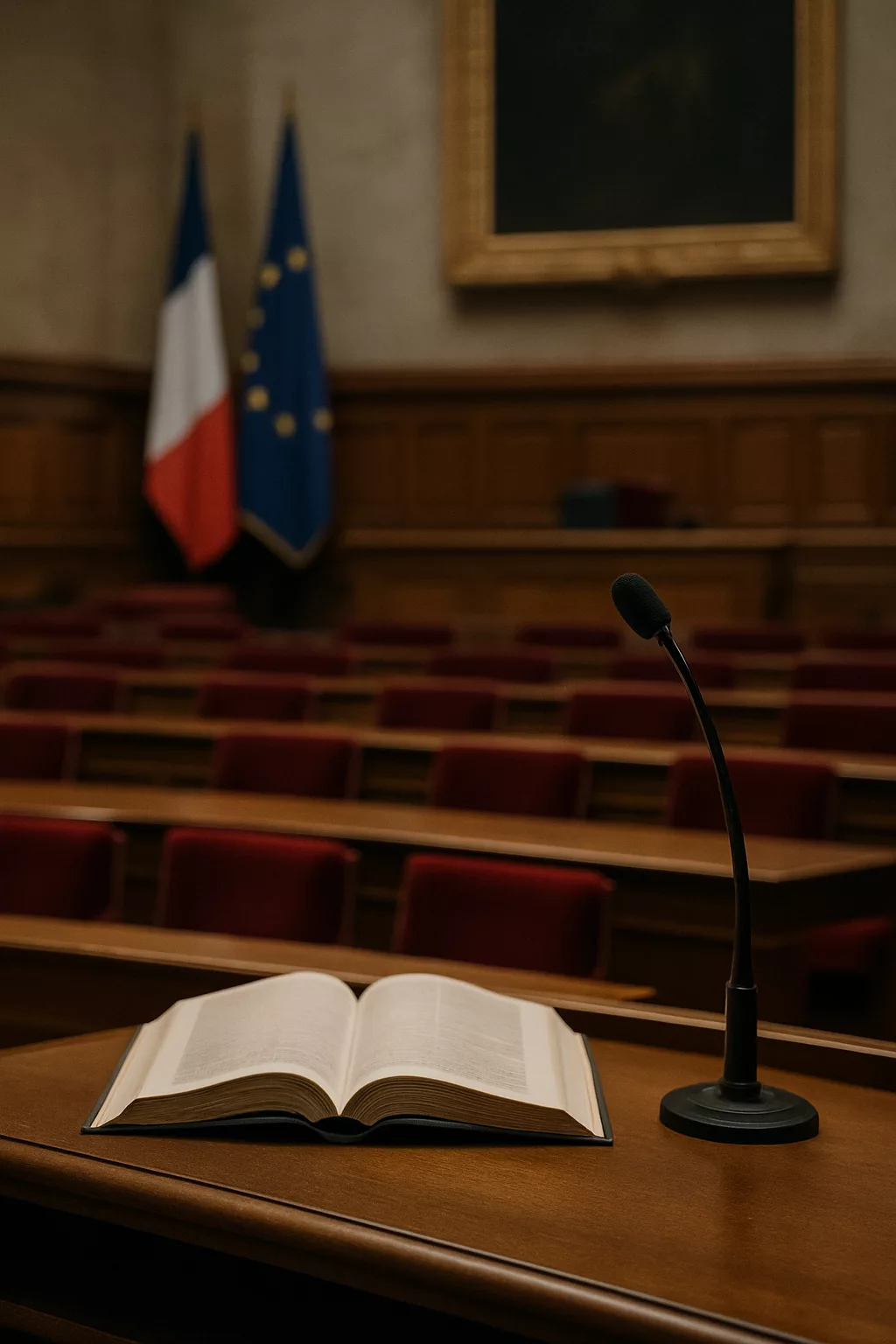 Salle parlementaire vide avec un livre ouvert sur un bureau en bois, un micro posé devant et des drapeaux flous en arrière-plan.