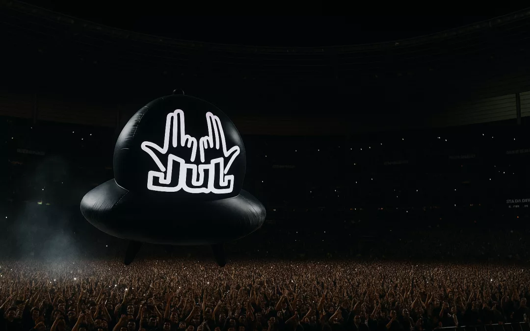 Symbole lumineux OVNI de Jul flottant au-dessus d’une foule en concert au Stade de France de nuit.