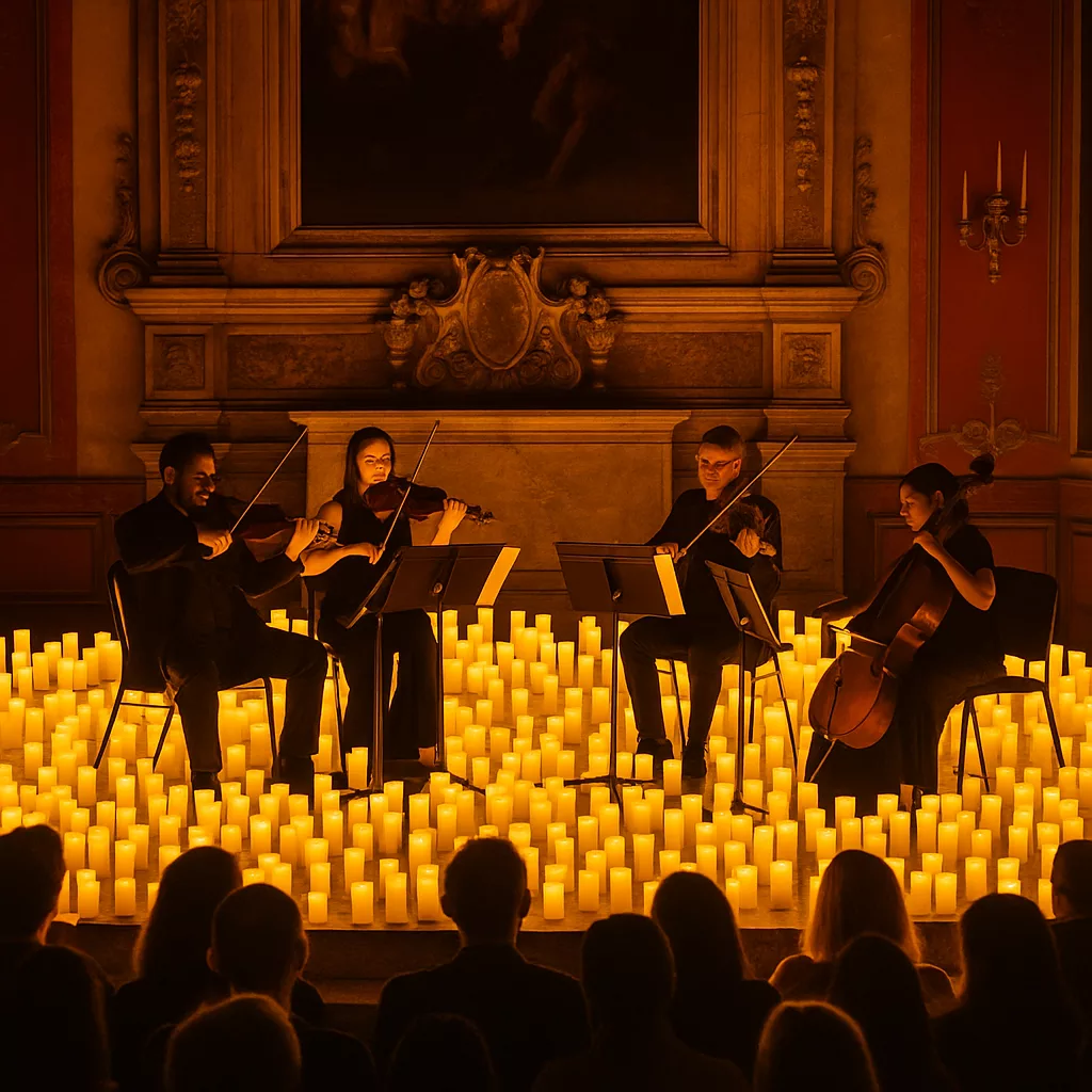 Vue réaliste d’un concert Candlelight à Paris, musiciens jouant du violon dans une salle historique éclairée par des centaines de bougies, ambiance chaleureuse et dorée.