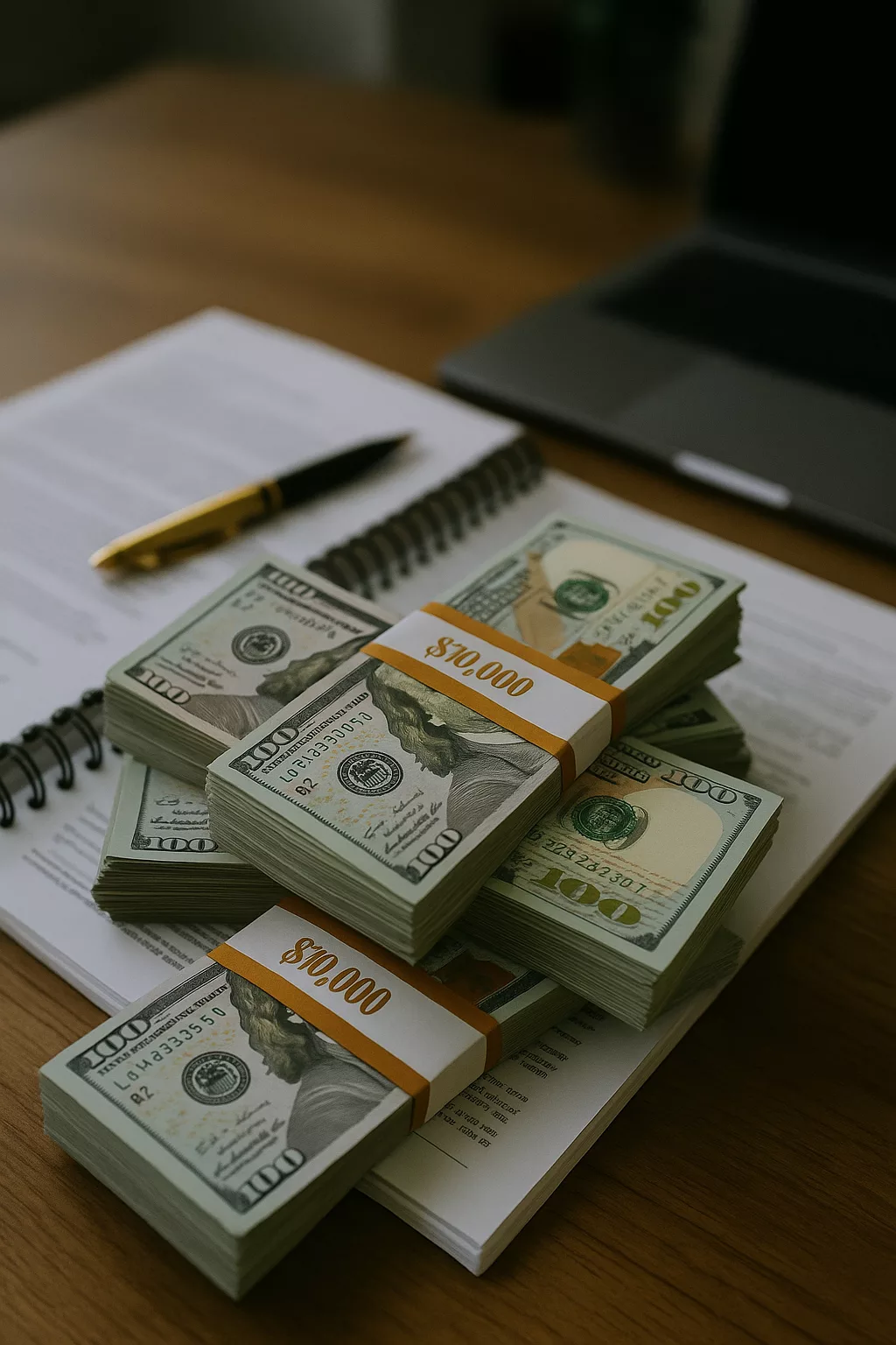 Liasses de billets et documents financiers posés sur un bureau, évoquant une affaire judiciaire et financière à Hollywood