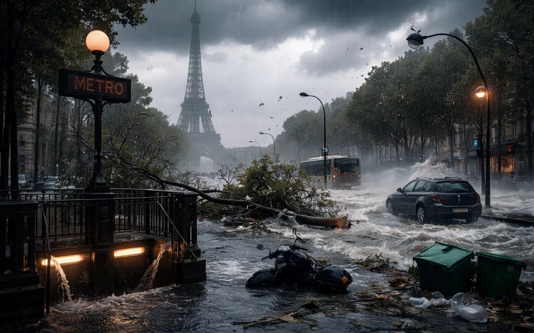 Rue parisienne inondée sous de fortes pluies et rafales, arbres couchés et eau envahissant la chaussée lors d’une bombe météorologique, sans visages visibles.