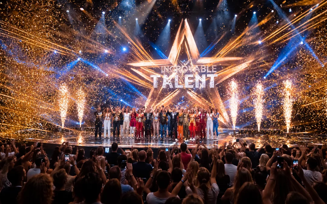 Scène de finale de talent show avec éclairages spectaculaires, confettis et public en liesse, artistes vus de dos ou de loin, sans visages visibles.