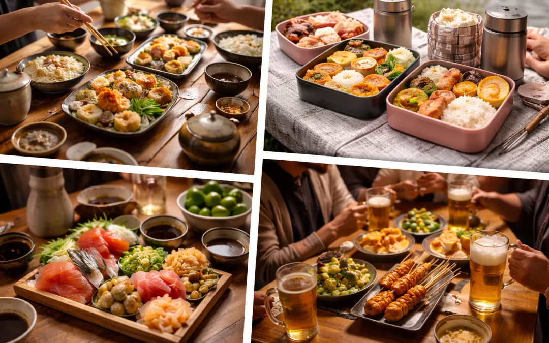 Repas japonais partagés autour d’une table avec plats traditionnels et bentō, illustrant la dimension collective et sociale de la nourriture au Japon, sans visage ni écriture visible