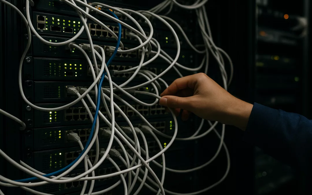 Salle serveurs éclairée avec des câbles réseau et des équipements informatiques modernes, évoquant les enjeux de cybersécurité pour les associations françaises.