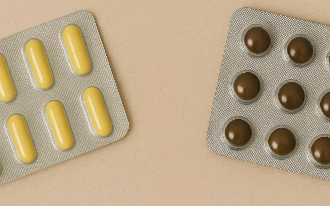 Blisters de médicaments jaunes et bruns sur fond beige, présentation détaillée illustrant le sujet de la liste noire des médicaments 2026.